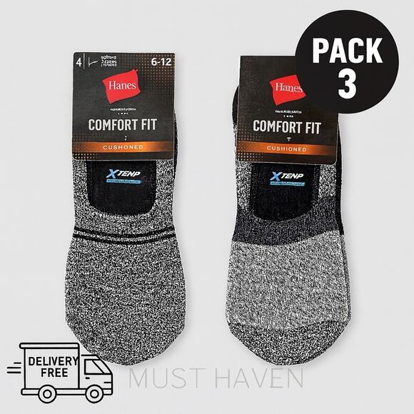Hanes Comfort Fit Men’s Low Cut Socks Pack 3 Cushioned Size 6-12 Gray/Black - Picture 1 of 2